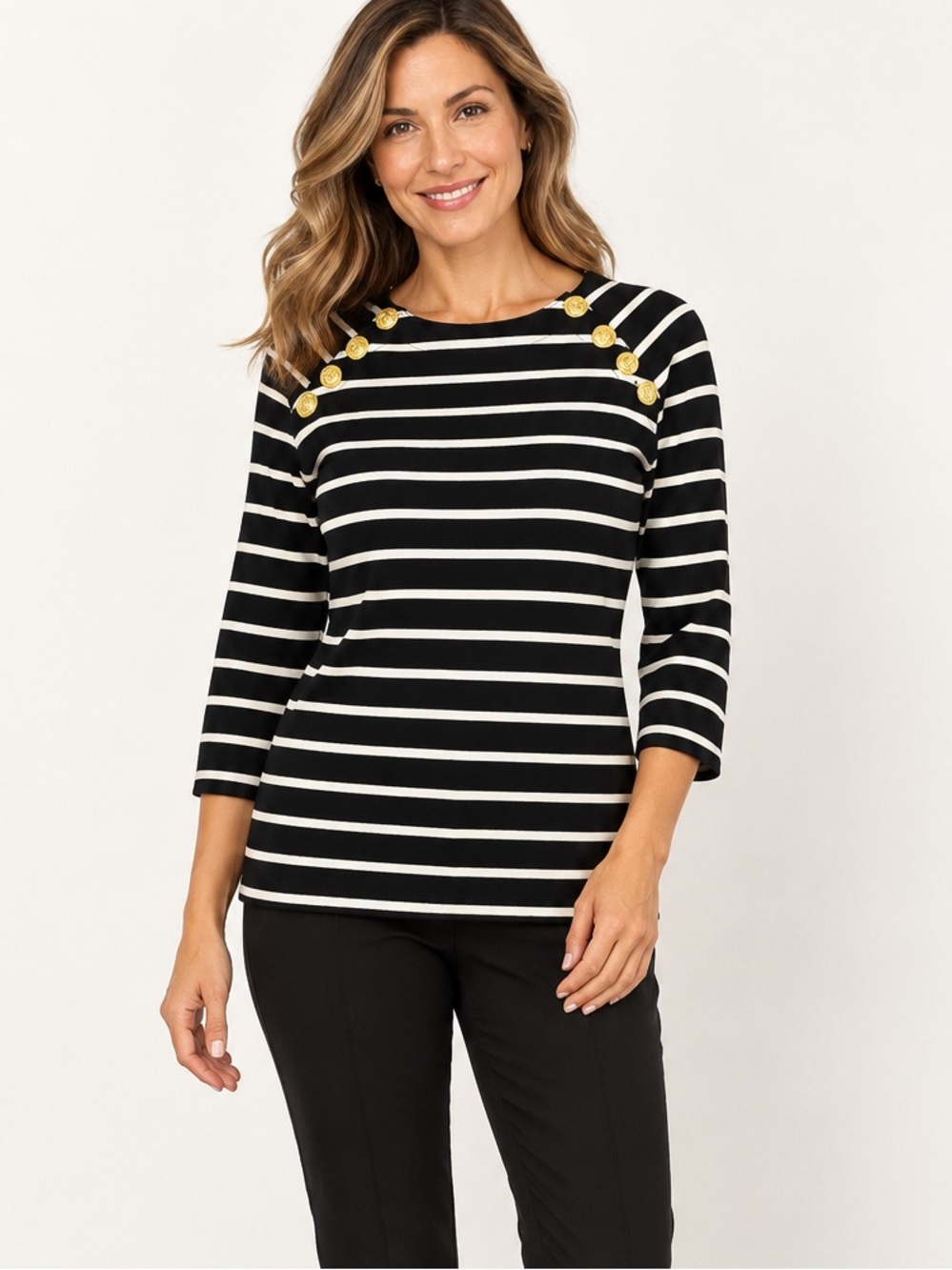 Melissa Paige Black Ivory Striped Button Shoulder Boatneck 3/4 Sleeve Sweater S